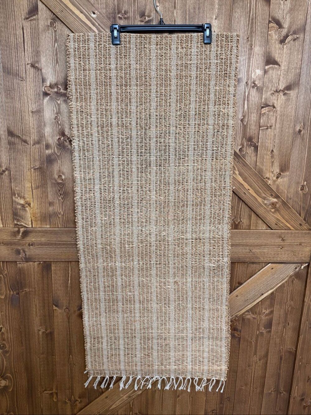 Natural Fiber Woven Table Runner Extra Large Beige Open Weave Fringe (9334)